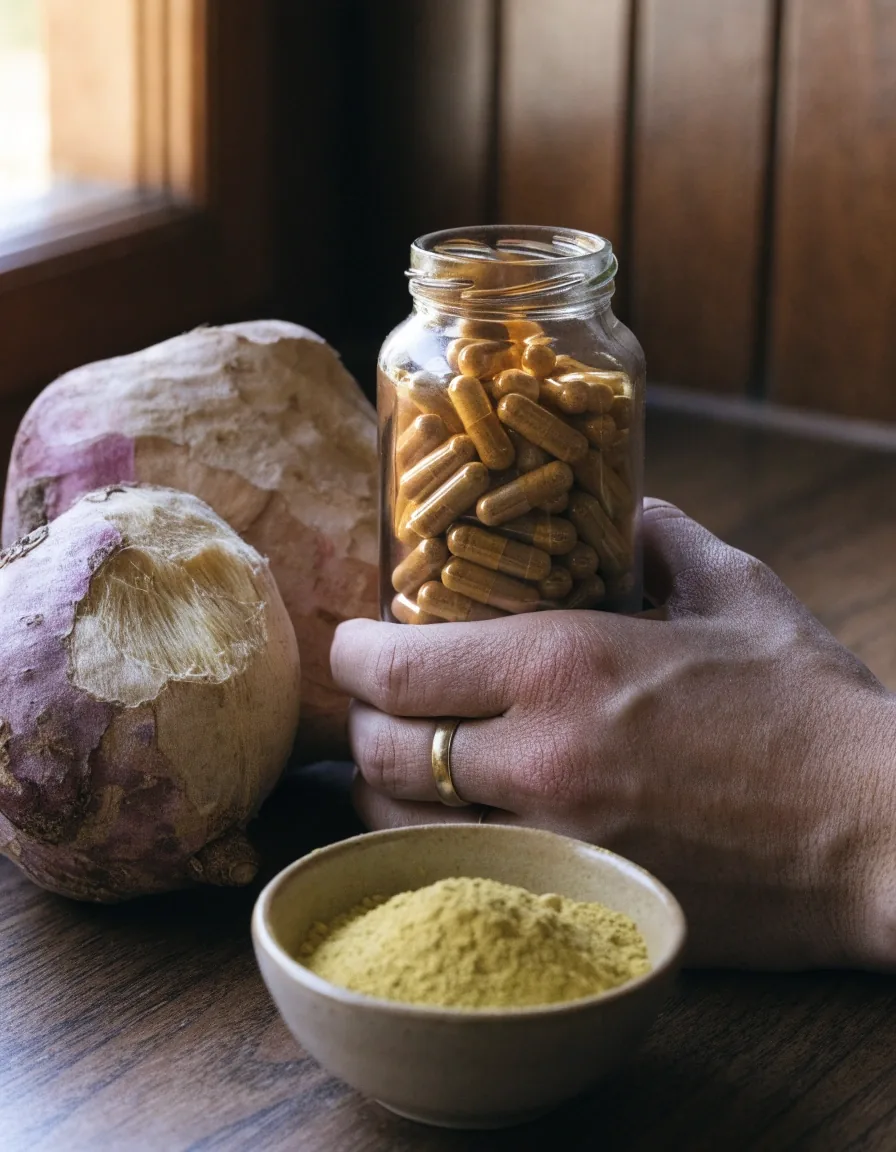 Comprimidos y cápsulas vegetales junto a raíz de maca y extracto vegetal en polvo
