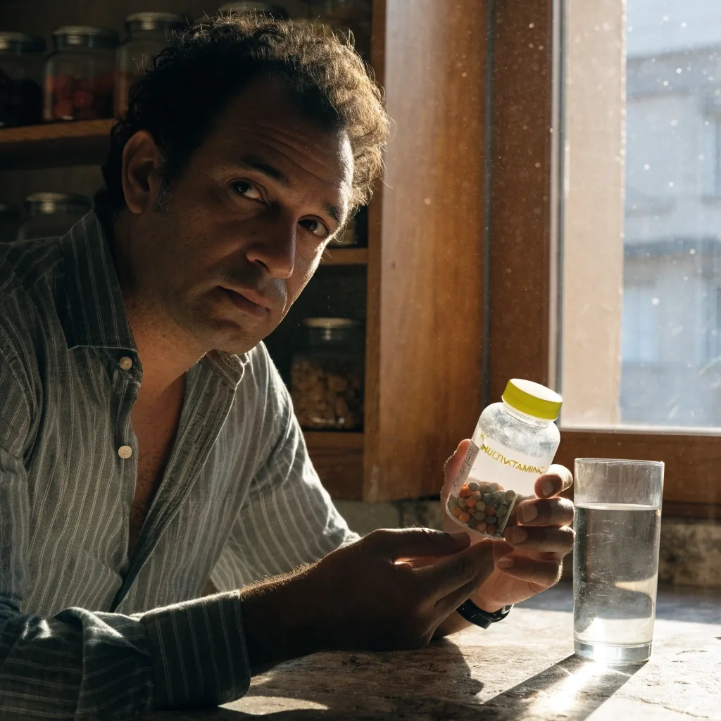 Un envase sobre el mostrador de la cocina junto a un vaso de agua