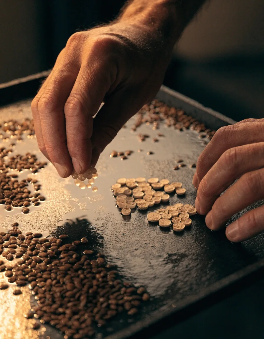 Cápsulas vegetales transparentes y granos sueltos sobre una tabla de pizarra