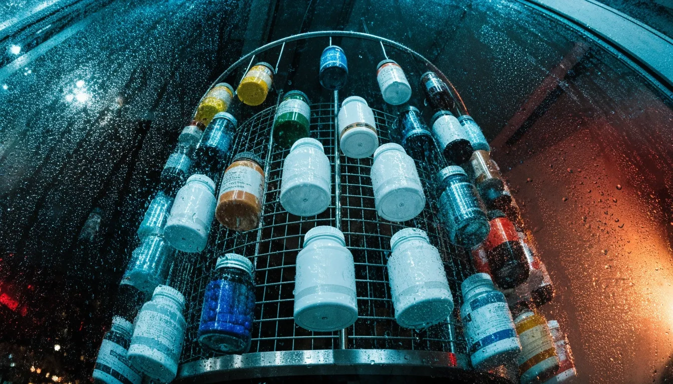 Estante giratorio de fórmulas visto desde abajo, con los envases colgados a distintas alturas