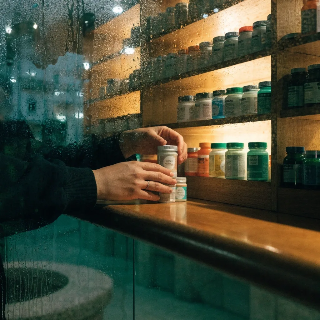 Escaparate de farmacia en Valencia de noche con luz ámbar sobre el interior