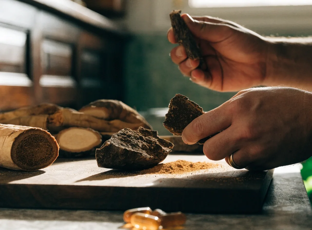 Raíz de maca y ginseng seco con polvo mineral sobre piedra