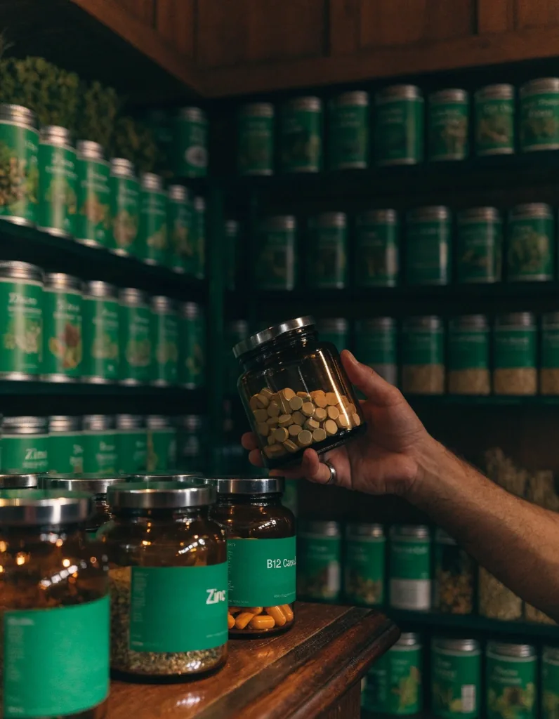 Bote mate de multivitamínico sobre piedra oscura con reflejo esmeralda