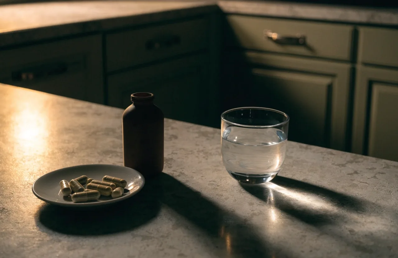 Bote de complemento y vaso de agua en una encimera de cocina por la noche con luz cálida