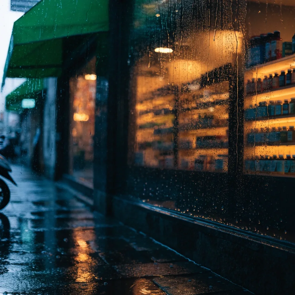 Escaparate de farmacia en una calle de Valencia bajo la lluvia, con luz cálida en el interior